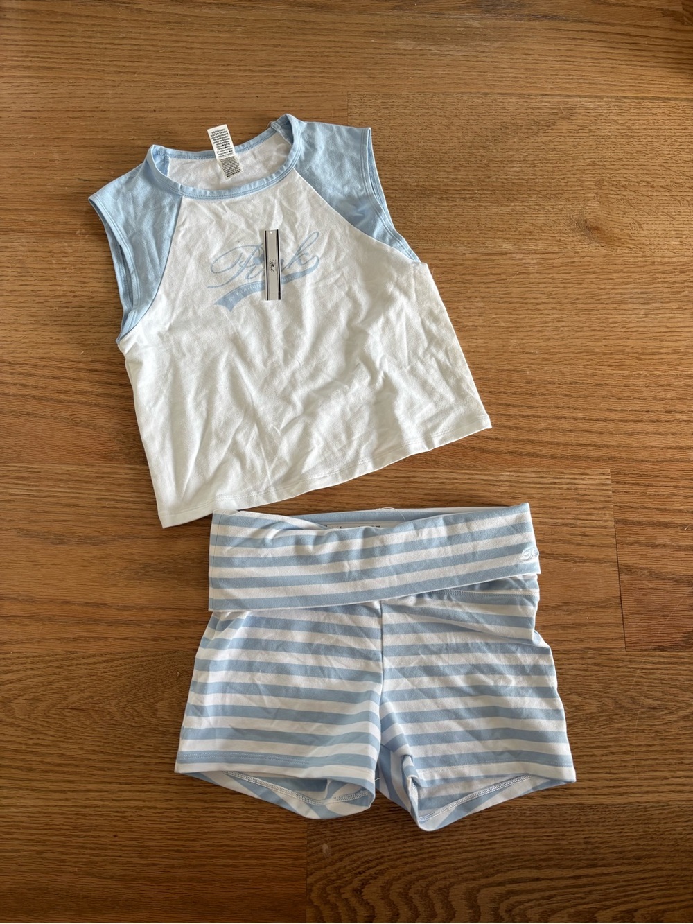 White & Light Blue Sleeveless Top and Striped Shorts Set